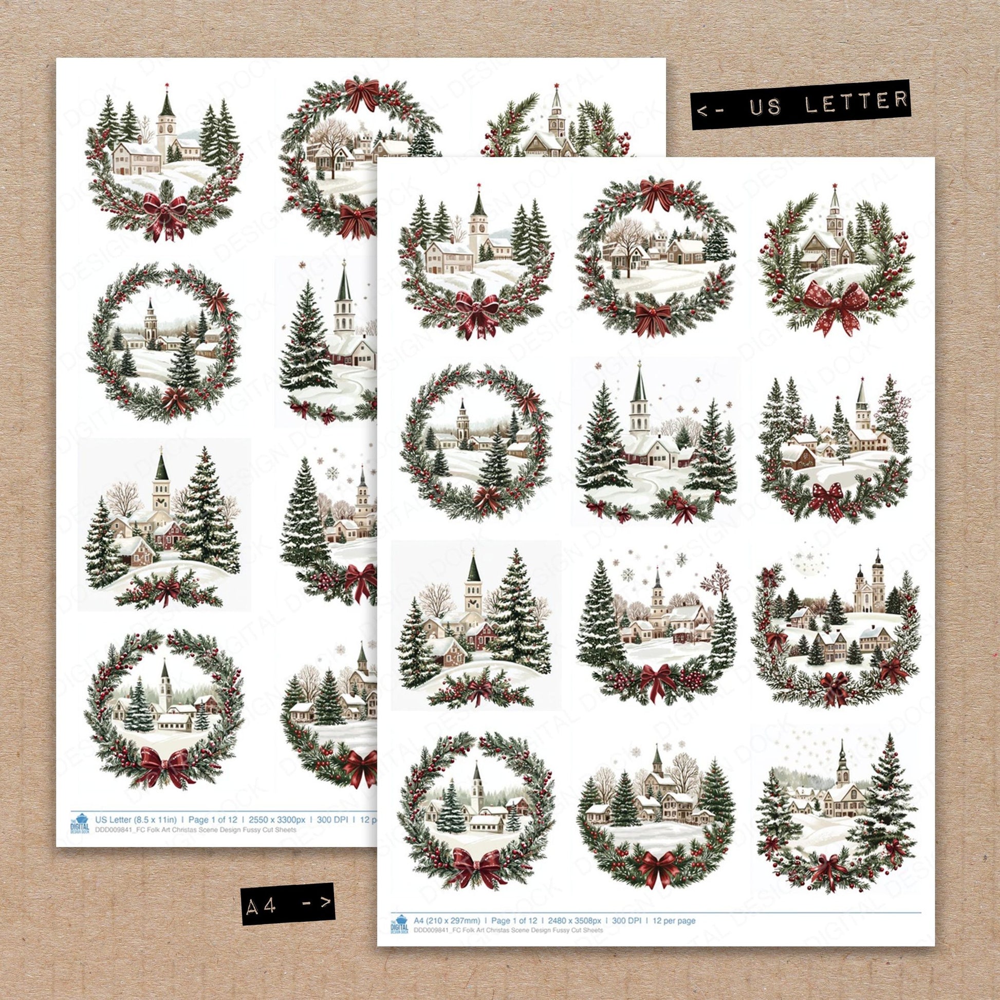 A4 and US Letter format comparison showing Folk Art Christas Scene Design fussy cut pages for print and cut crafting