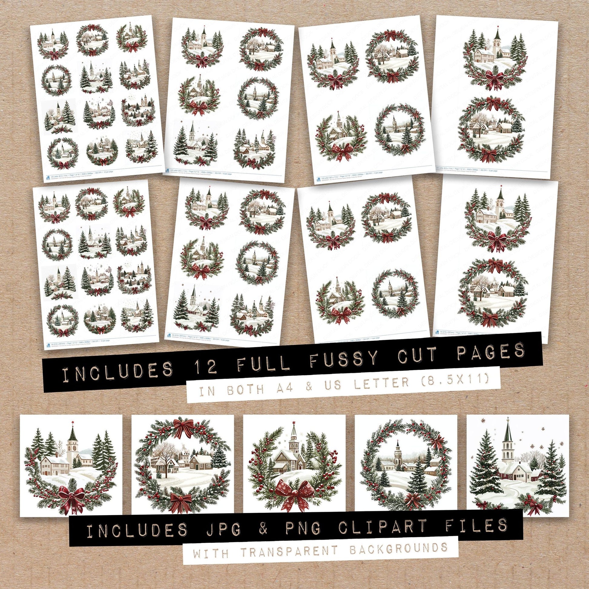 Full collection view of Folk Art Christas Scene Design fussy cut sheets with bonus clipart JPG and PNG files