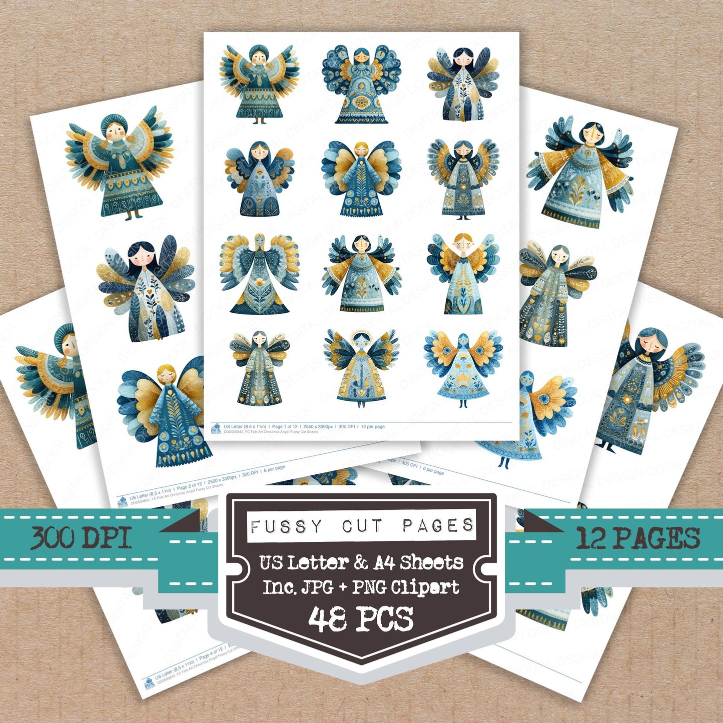 Folk Art Christmas Angel fussy cut printable sheets for junk journaling, scrapbooking, and paper craft projects