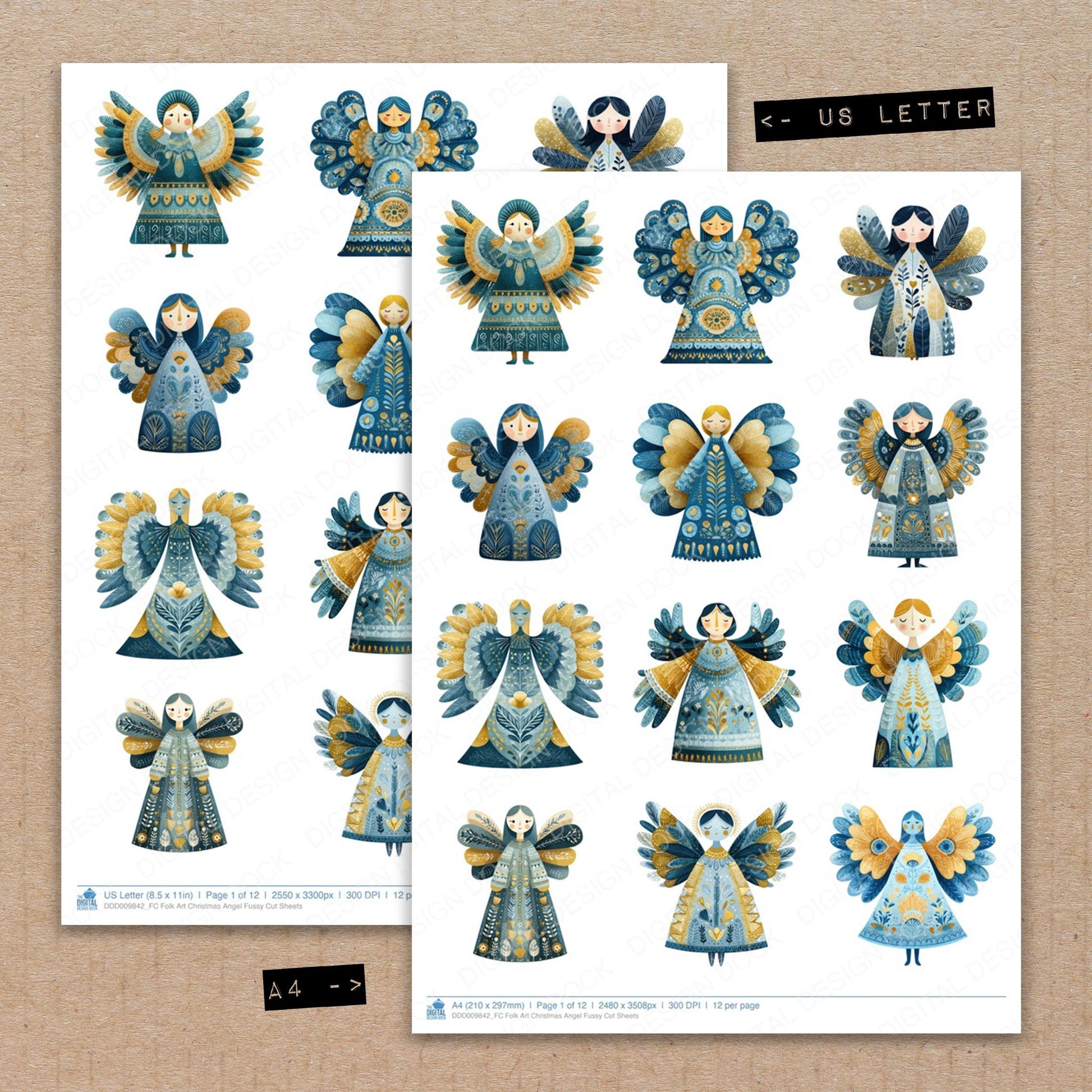A4 and US Letter format comparison showing Folk Art Christmas Angel fussy cut pages for print and cut crafting