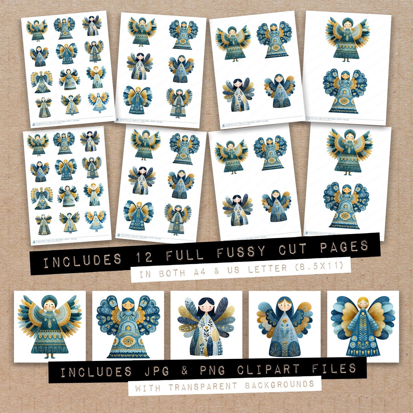 Full collection view of Folk Art Christmas Angel fussy cut sheets with bonus clipart JPG and PNG files