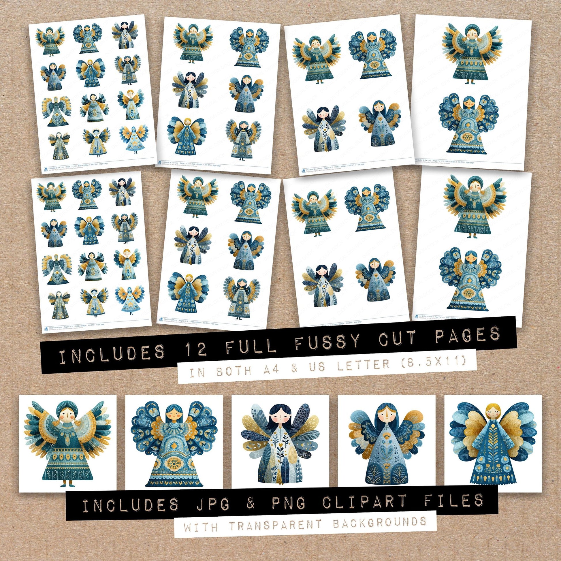 Full collection view of Folk Art Christmas Angel fussy cut sheets with bonus clipart JPG and PNG files