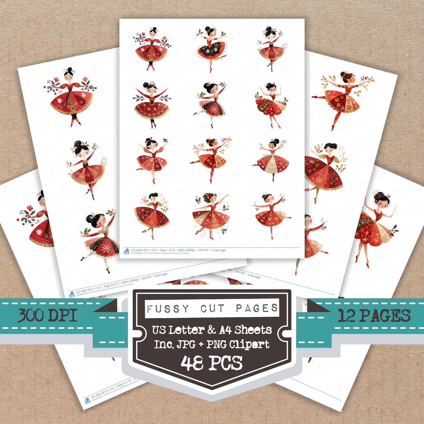 Folk Art Christmas Ballerina fussy cut printable sheets for junk journaling, scrapbooking, and paper craft projects