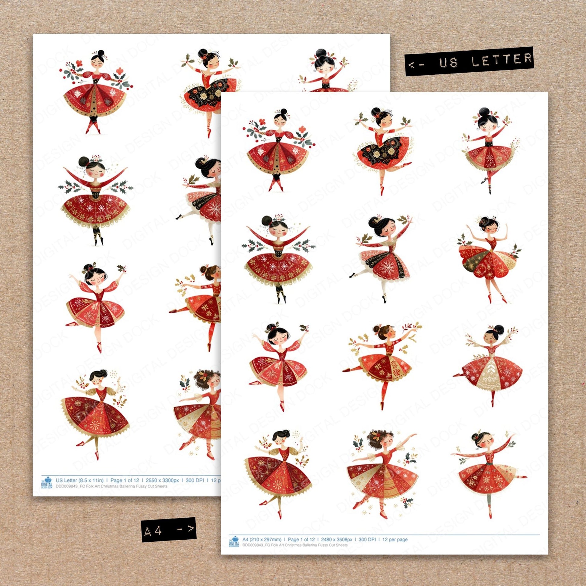 A4 and US Letter format comparison showing Folk Art Christmas Ballerina fussy cut pages for print and cut crafting