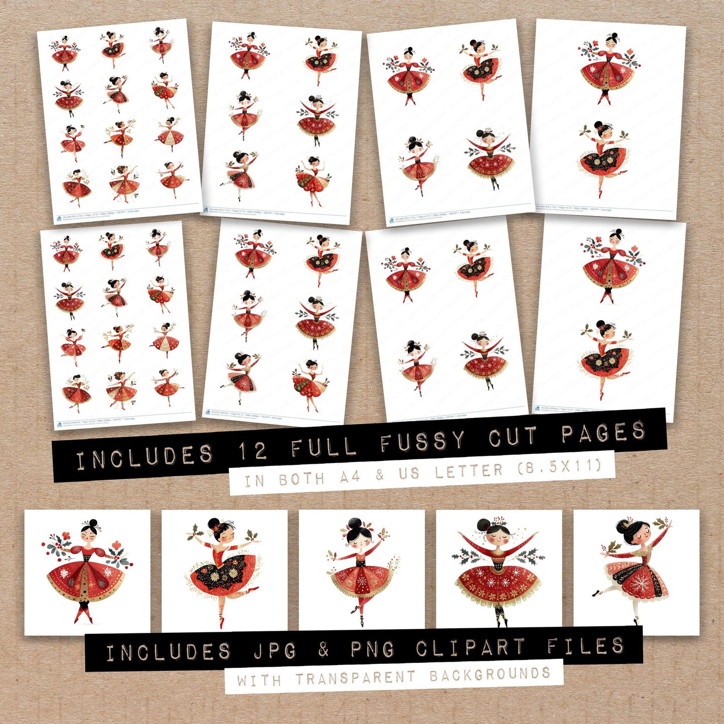 Full collection view of Folk Art Christmas Ballerina fussy cut sheets with bonus clipart JPG and PNG files