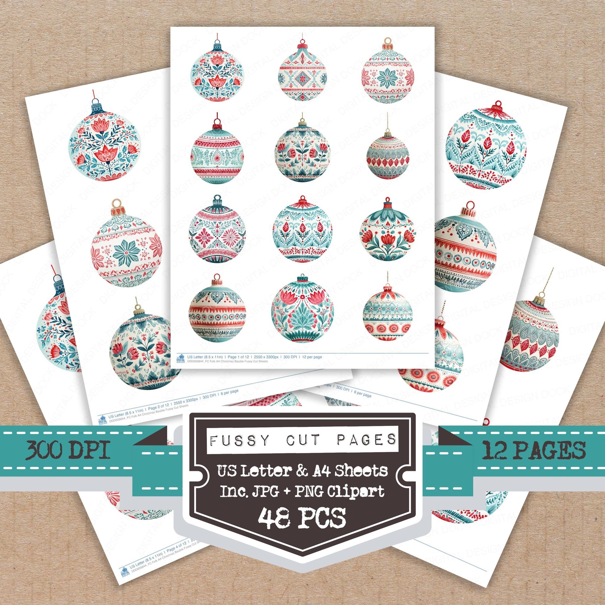 Folk Art Christmas Bauble fussy cut printable sheets for junk journaling, scrapbooking, and paper craft projects