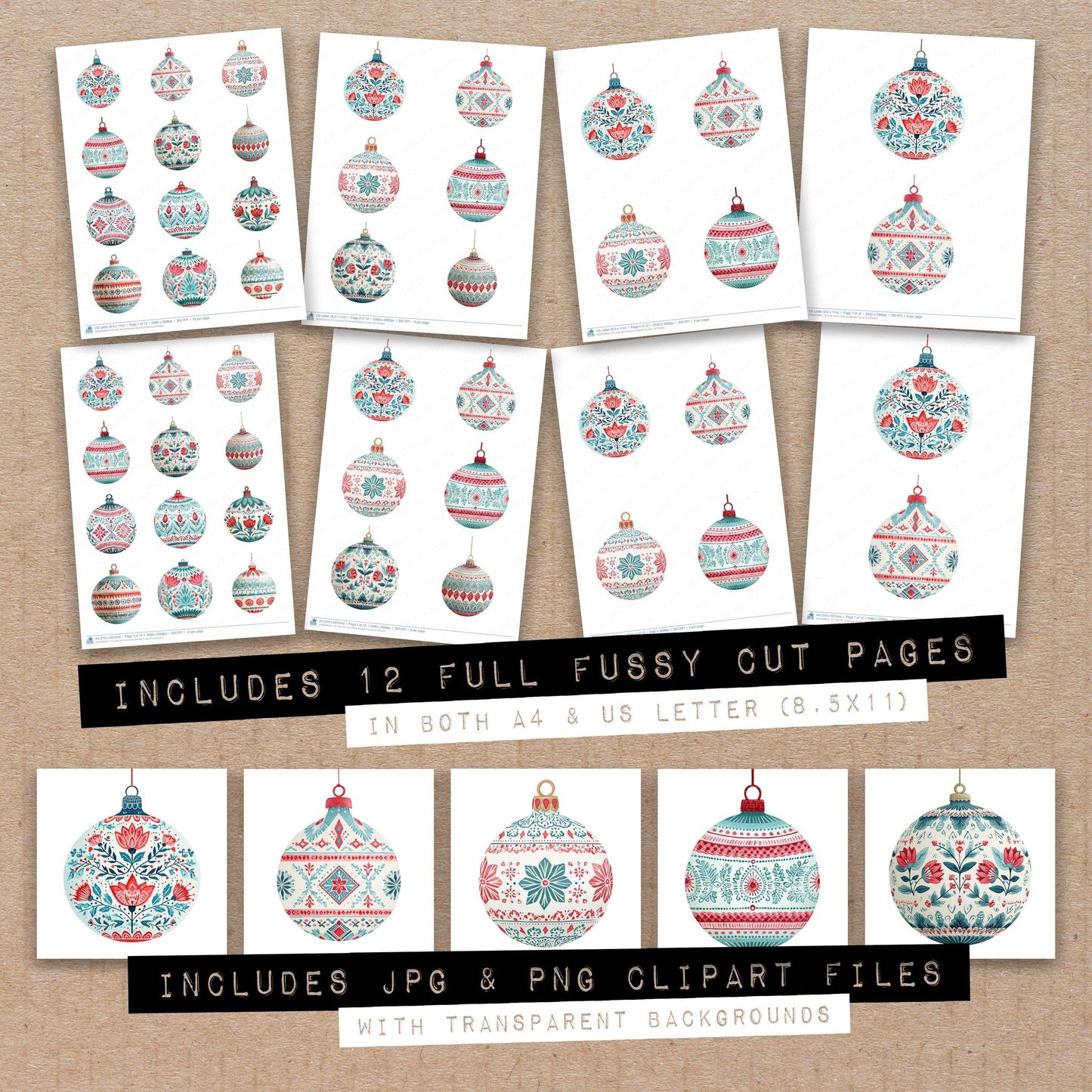 Full collection view of Folk Art Christmas Bauble fussy cut sheets with bonus clipart JPG and PNG files