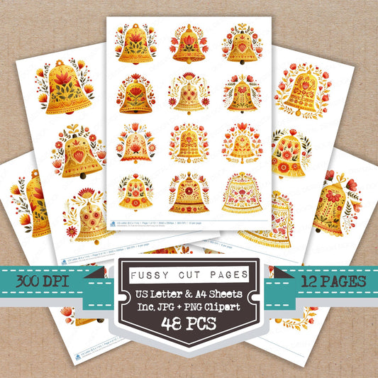 Folk Art Christmas Bell fussy cut printable sheets for junk journaling, scrapbooking, and paper craft projects