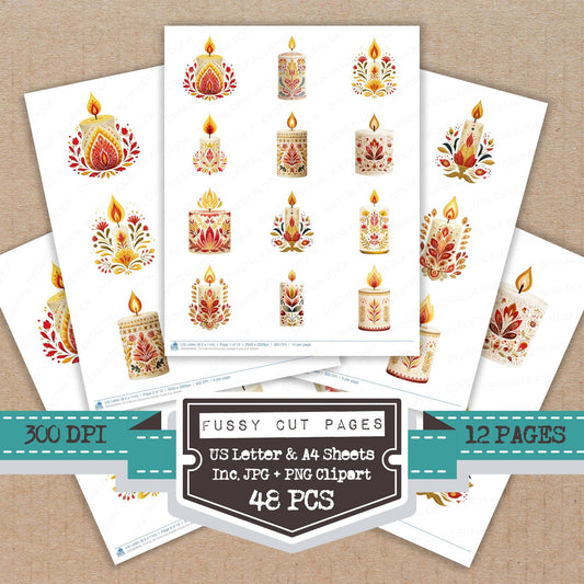 Folk Art Christmas Candle fussy cut printable sheets for junk journaling, scrapbooking, and paper craft projects