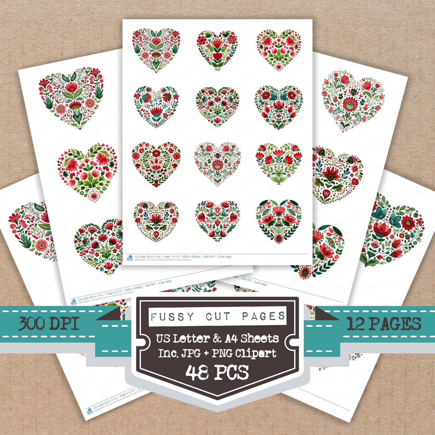 Folk Art Christmas Heart fussy cut printable sheets for junk journaling, scrapbooking, and paper craft projects
