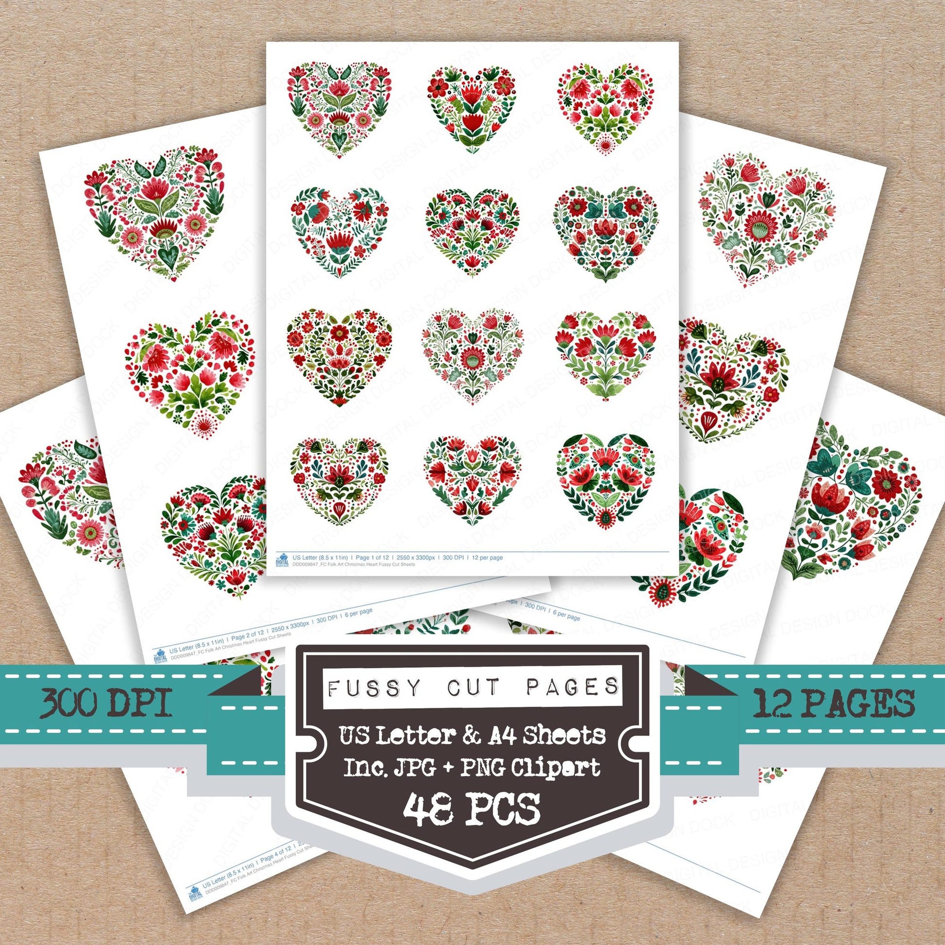 Folk Art Christmas Heart fussy cut printable sheets for junk journaling, scrapbooking, and paper craft projects