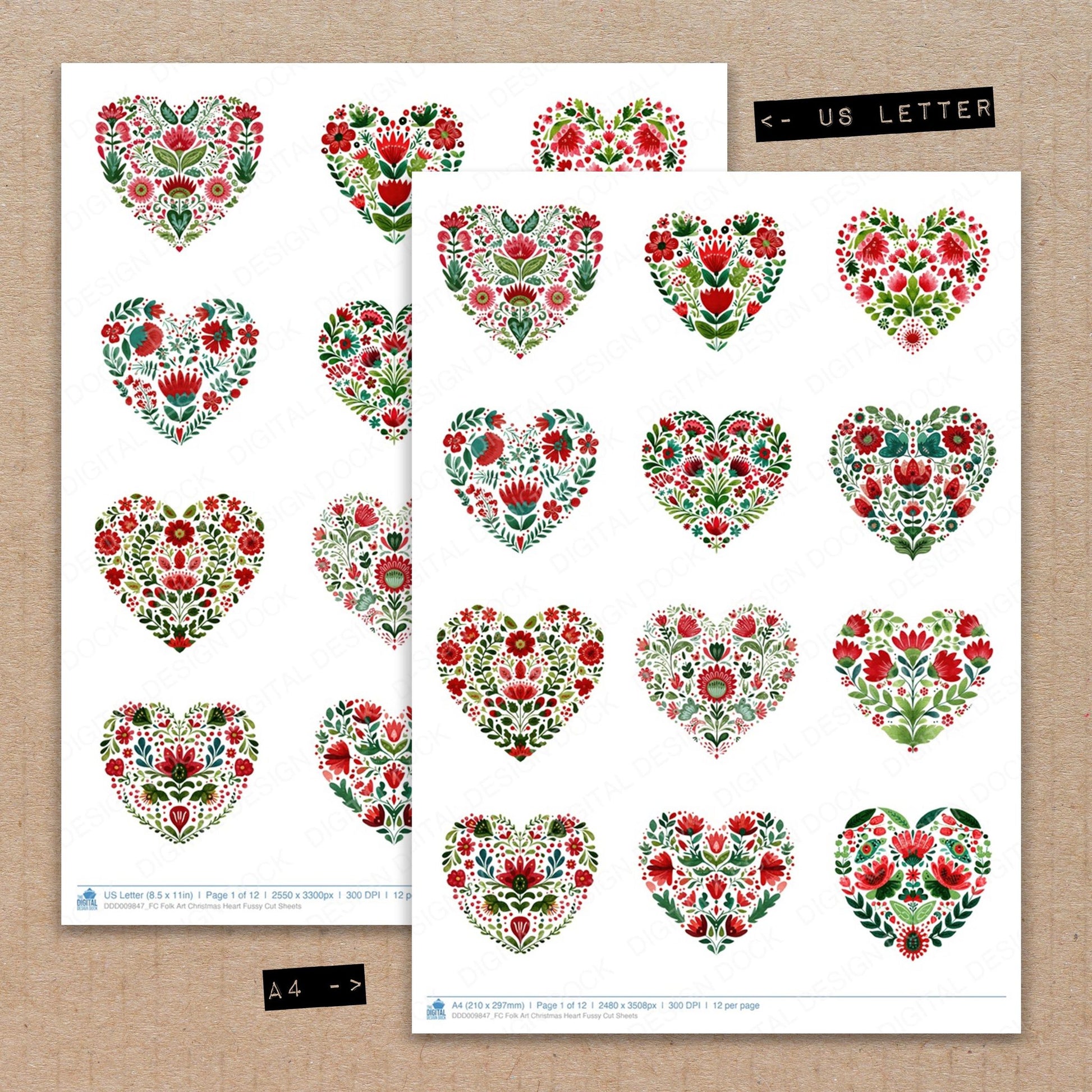 A4 and US Letter format comparison showing Folk Art Christmas Heart fussy cut pages for print and cut crafting