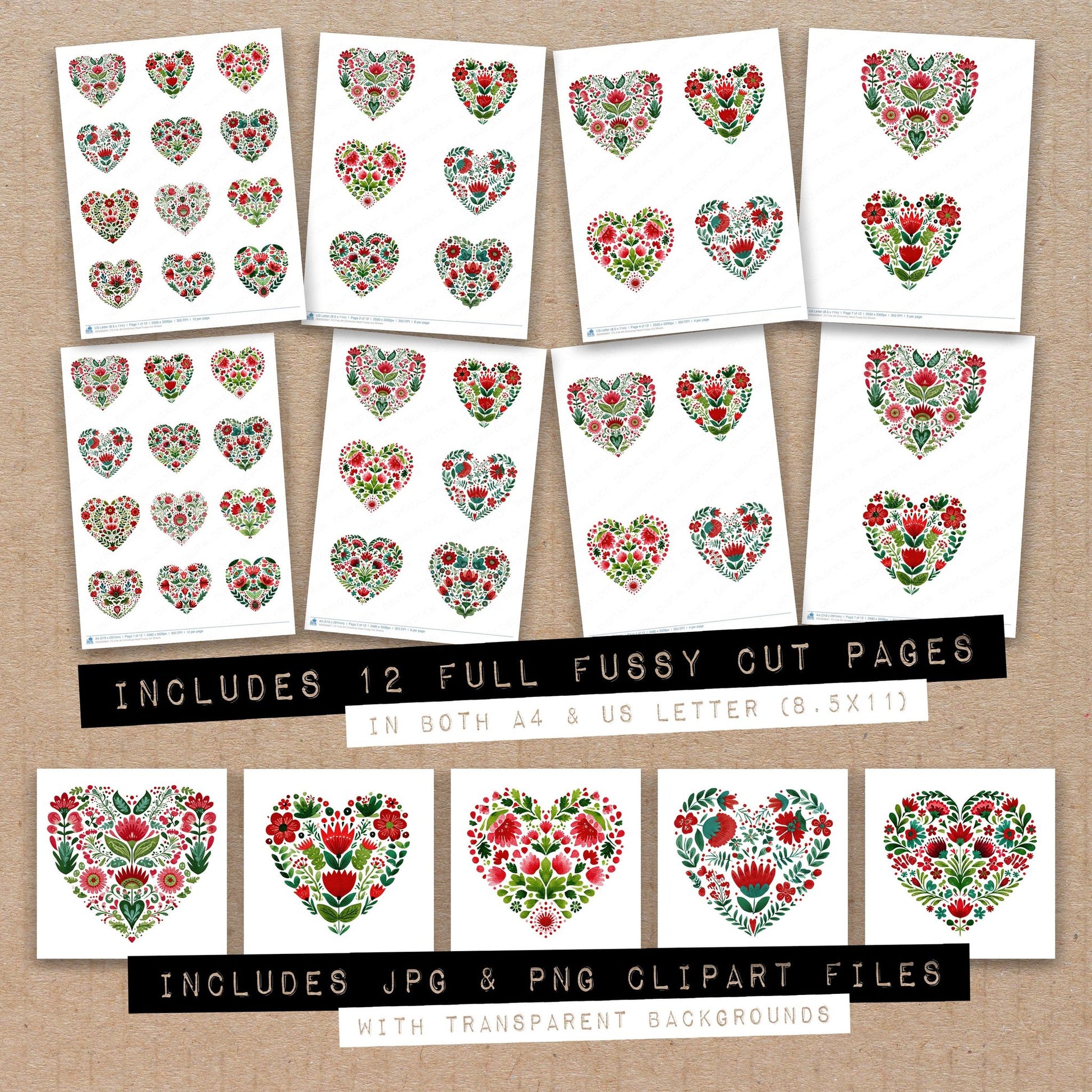 Full collection view of Folk Art Christmas Heart fussy cut sheets with bonus clipart JPG and PNG files