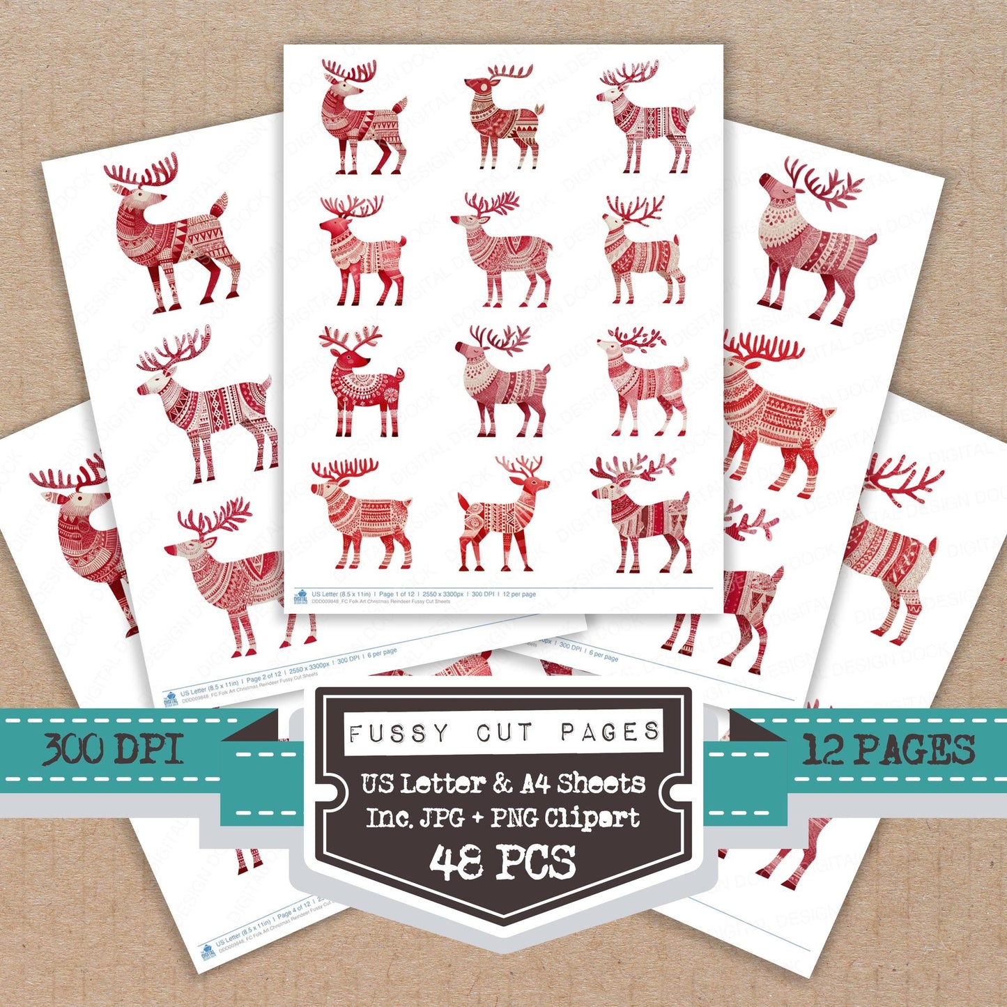 Folk Art Christmas Reindeer fussy cut printable sheets for junk journaling, scrapbooking, and paper craft projects