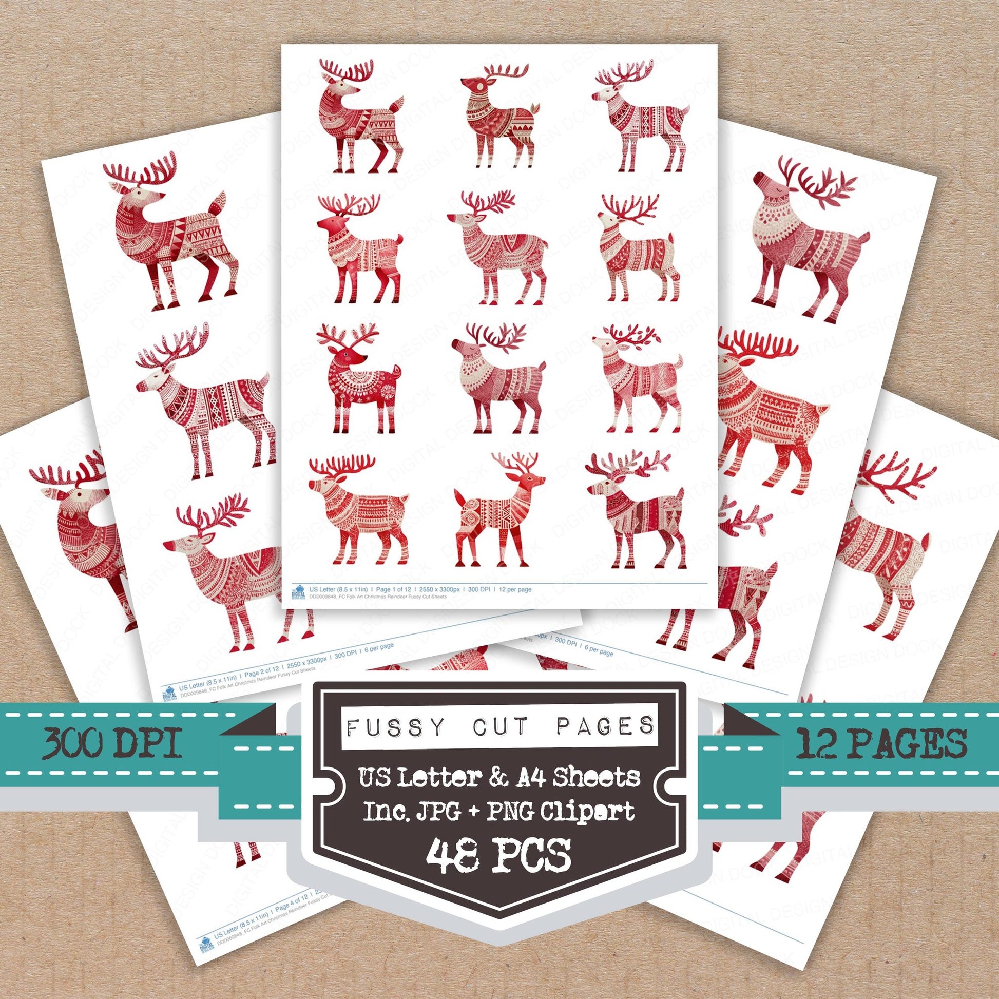 Folk Art Christmas Reindeer fussy cut printable sheets for junk journaling, scrapbooking, and paper craft projects