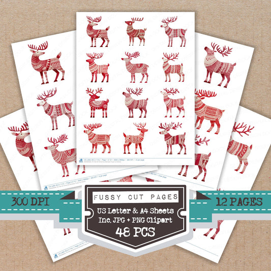 Folk Art Christmas Reindeer fussy cut printable sheets for junk journaling, scrapbooking, and paper craft projects