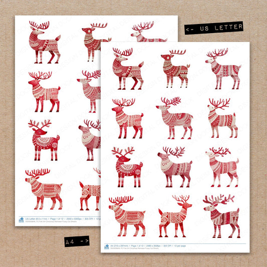 A4 and US Letter format comparison showing Folk Art Christmas Reindeer fussy cut pages for print and cut crafting