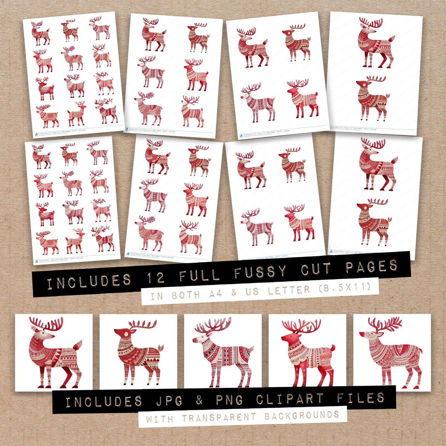 Full collection view of Folk Art Christmas Reindeer fussy cut sheets with bonus clipart JPG and PNG files