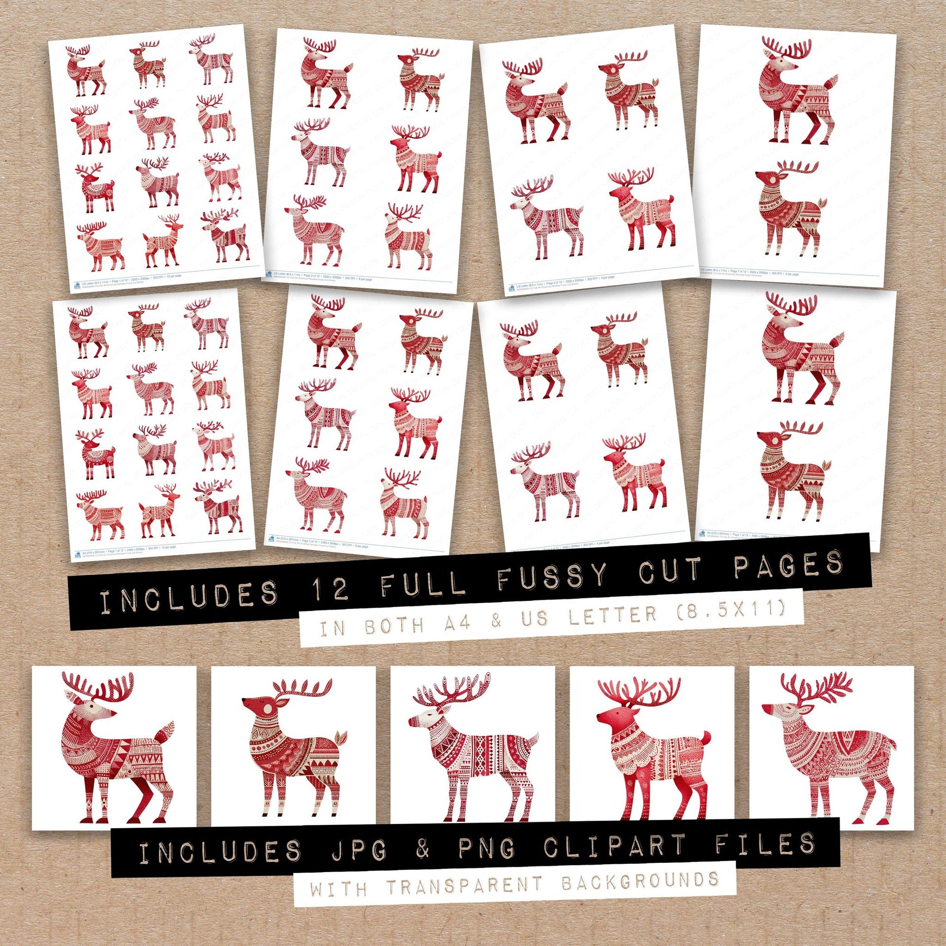 Full collection view of Folk Art Christmas Reindeer fussy cut sheets with bonus clipart JPG and PNG files