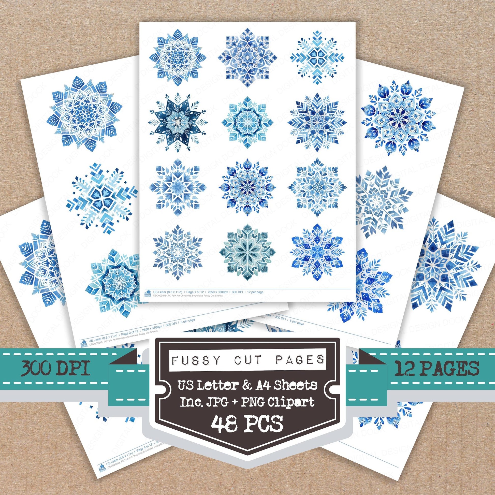Folk Art Christmas Snowflake fussy cut printable sheets for junk journaling, scrapbooking, and paper craft projects