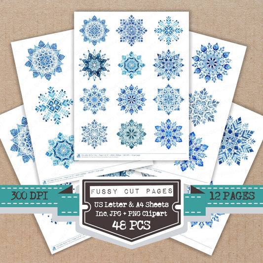 Folk Art Christmas Snowflake fussy cut printable sheets for junk journaling, scrapbooking, and paper craft projects
