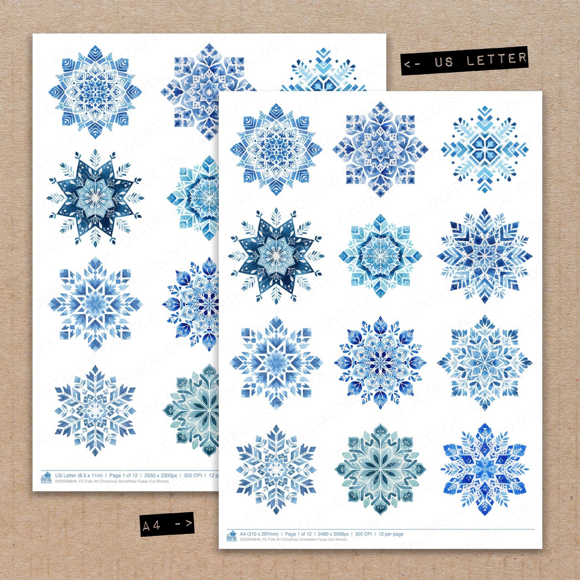 A4 and US Letter format comparison showing Folk Art Christmas Snowflake fussy cut pages for print and cut crafting