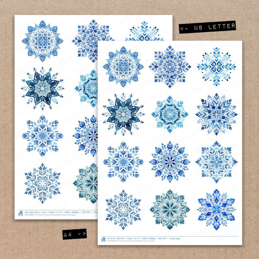A4 and US Letter format comparison showing Folk Art Christmas Snowflake fussy cut pages for print and cut crafting