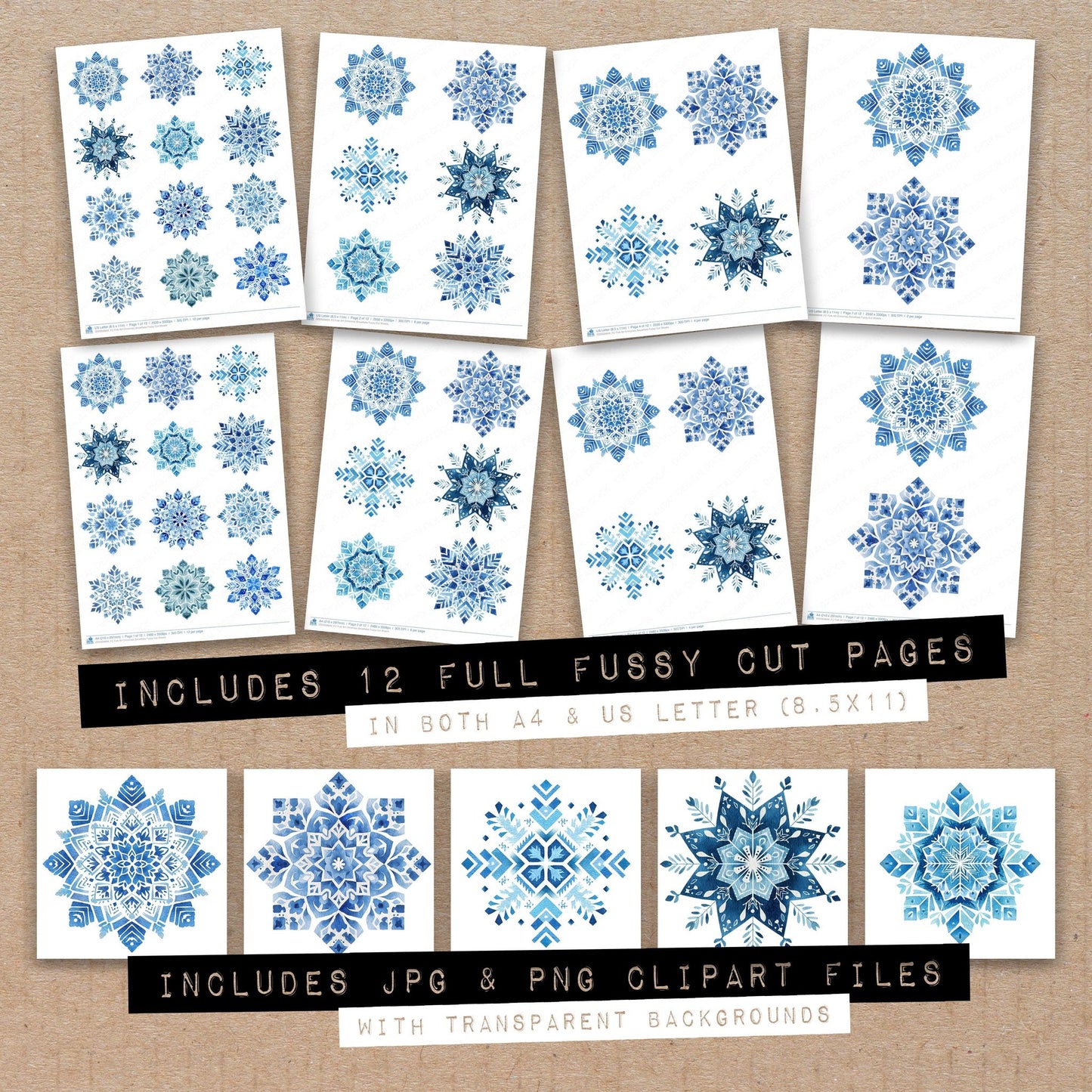 Full collection view of Folk Art Christmas Snowflake fussy cut sheets with bonus clipart JPG and PNG files