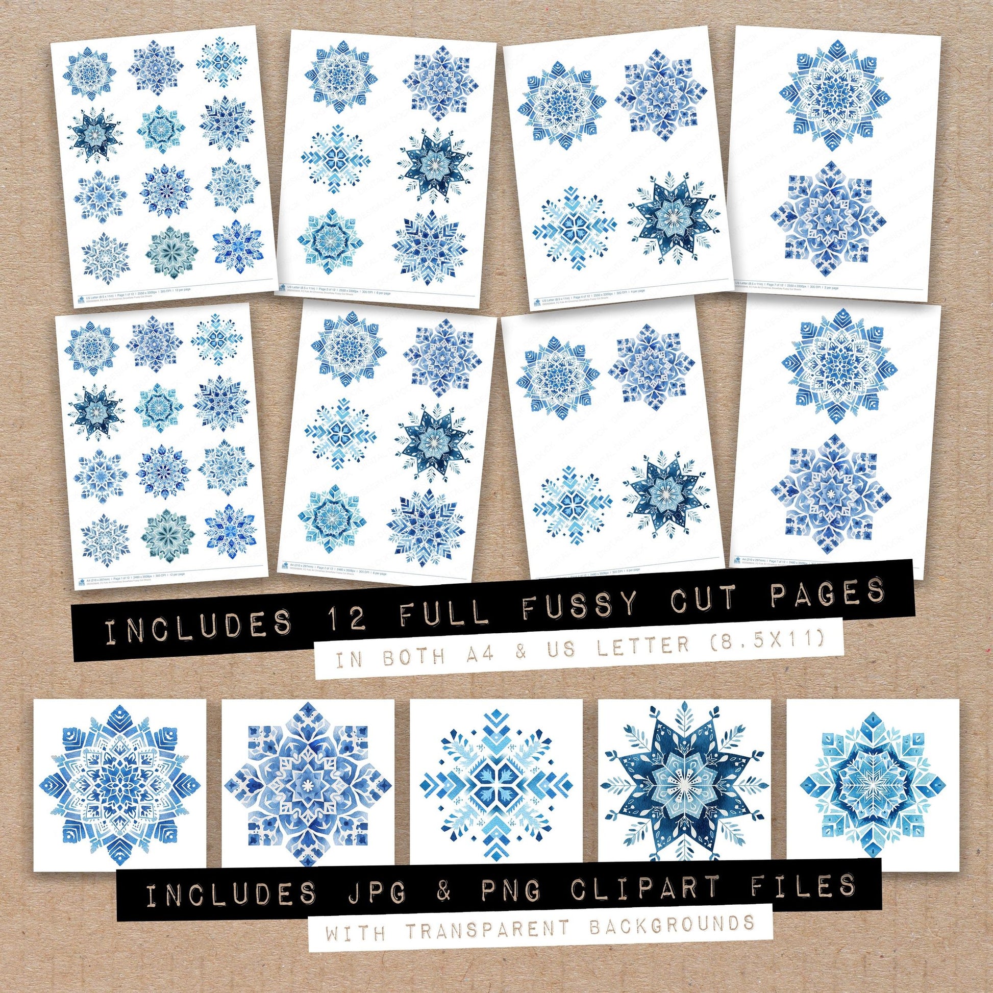 Full collection view of Folk Art Christmas Snowflake fussy cut sheets with bonus clipart JPG and PNG files