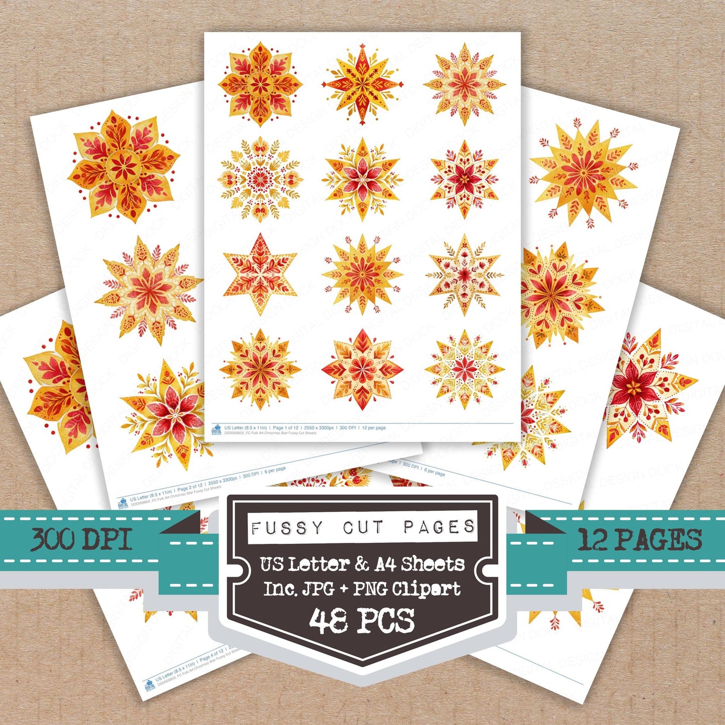 Folk Art Christmas Star fussy cut printable sheets for junk journaling, scrapbooking, and paper craft projects