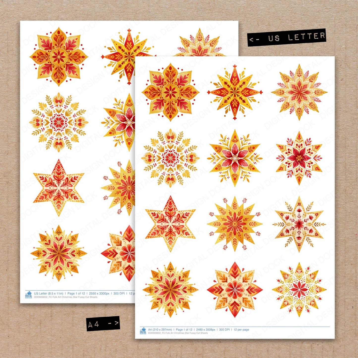 A4 and US Letter format comparison showing Folk Art Christmas Star fussy cut pages for print and cut crafting