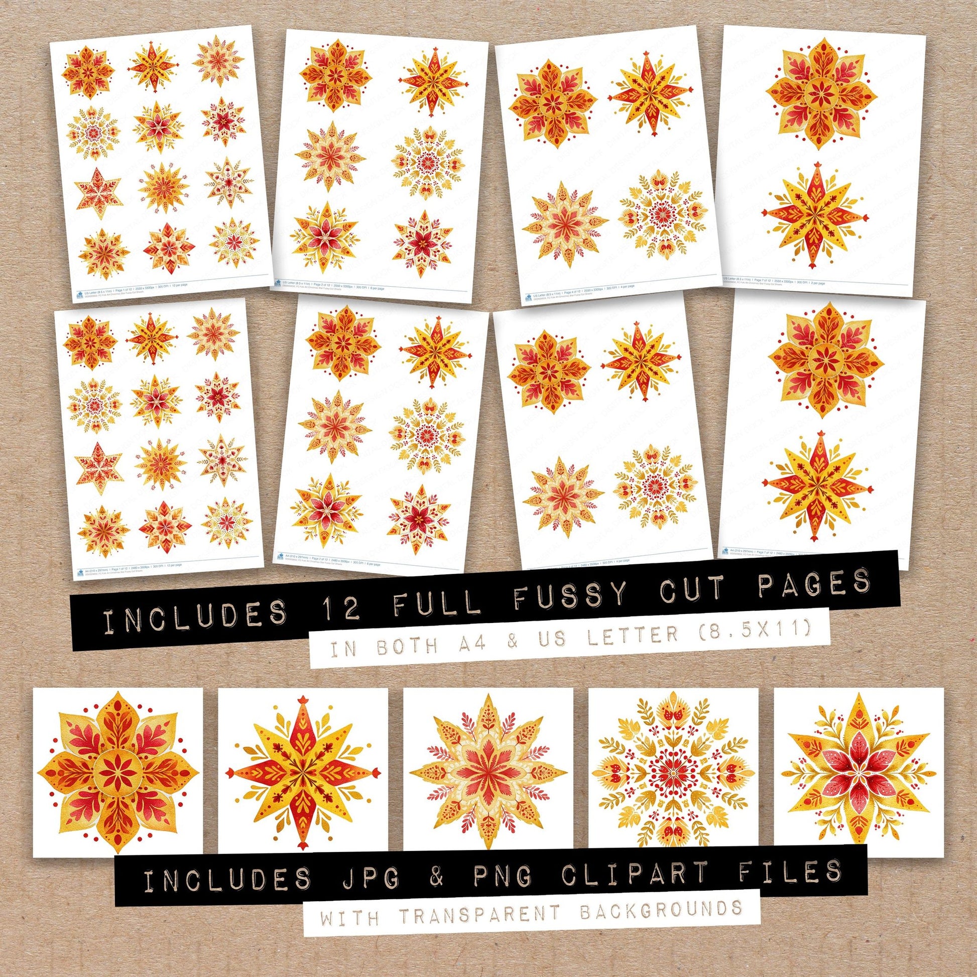 Full collection view of Folk Art Christmas Star fussy cut sheets with bonus clipart JPG and PNG files