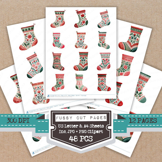 Folk Art Christmas Stocking fussy cut printable sheets for junk journaling, scrapbooking, and paper craft projects