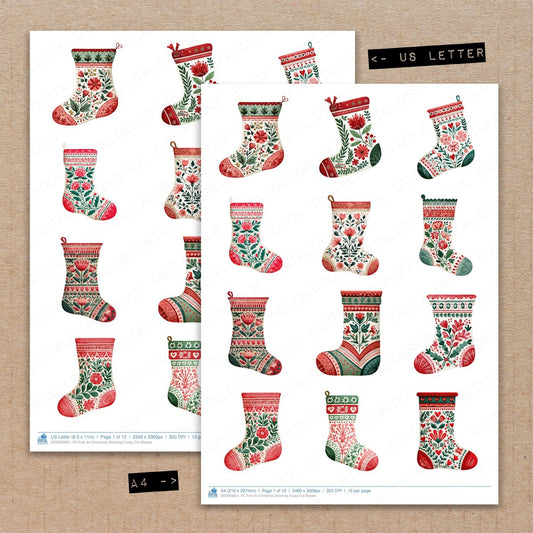 A4 and US Letter format comparison showing Folk Art Christmas Stocking fussy cut pages for print and cut crafting