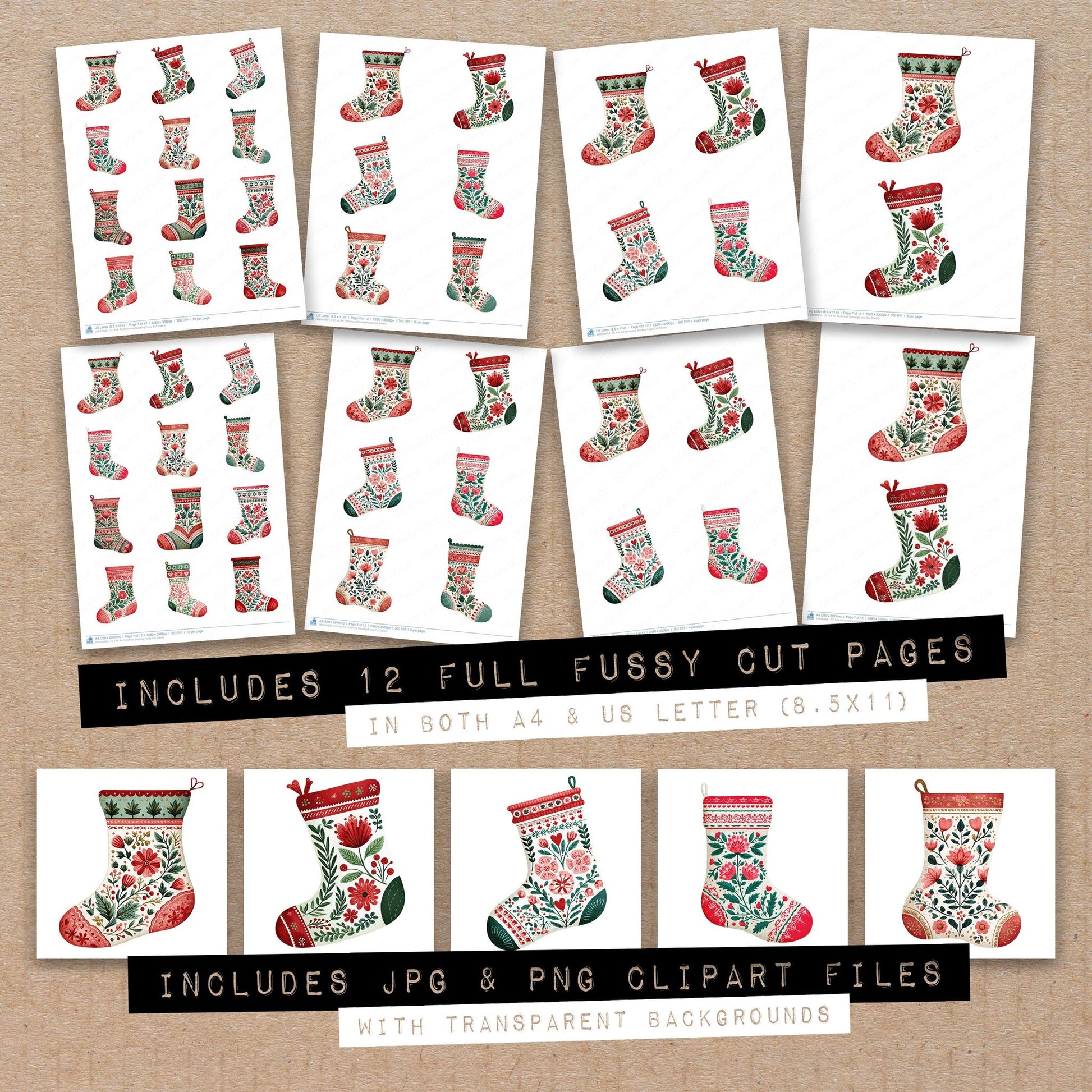 Full collection view of Folk Art Christmas Stocking fussy cut sheets with bonus clipart JPG and PNG files