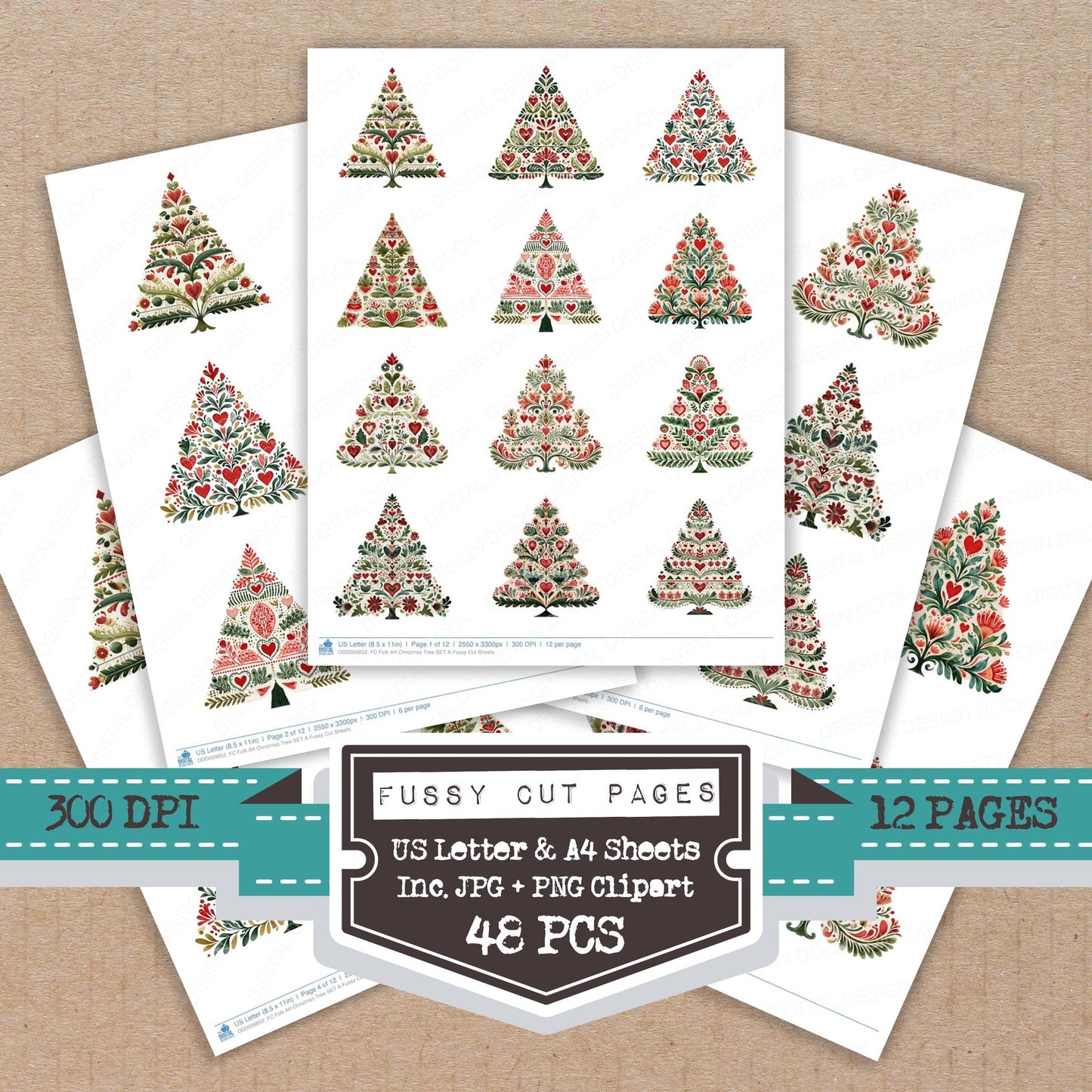 Folk Art Christmas Tree A fussy cut printable sheets for junk journaling, scrapbooking, and paper craft projects