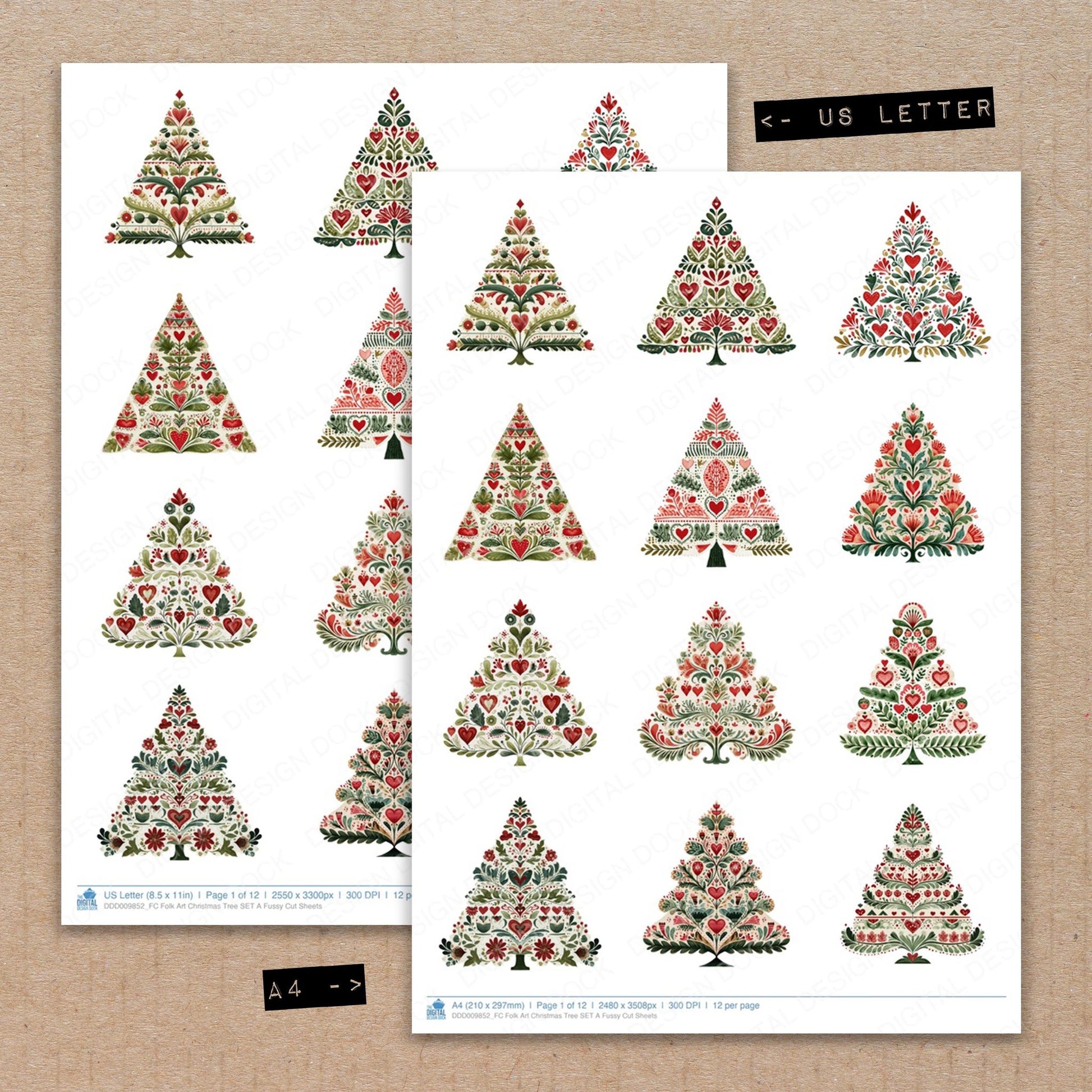 A4 and US Letter format comparison showing Folk Art Christmas Tree A fussy cut pages for print and cut crafting