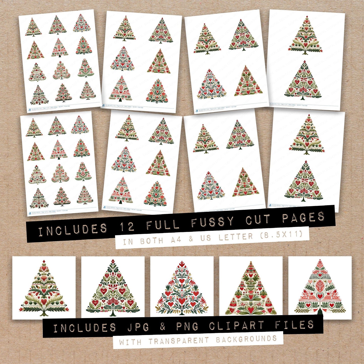 Full collection view of Folk Art Christmas Tree A fussy cut sheets with bonus clipart JPG and PNG files