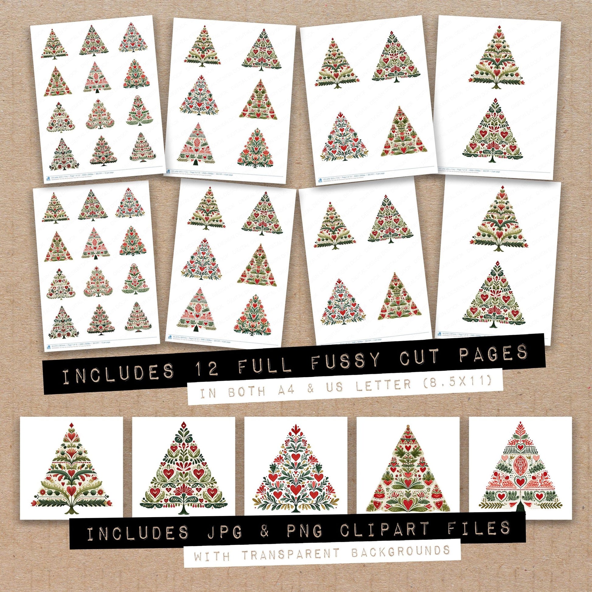 Full collection view of Folk Art Christmas Tree A fussy cut sheets with bonus clipart JPG and PNG files