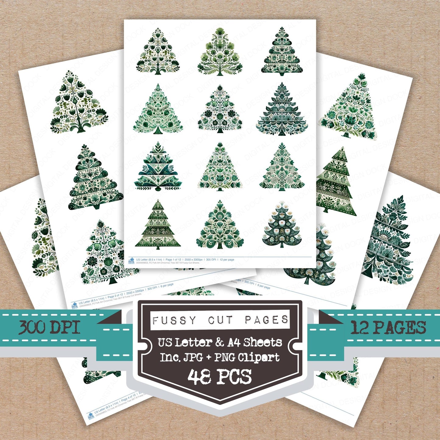 Folk Art Christmas Tree B fussy cut printable sheets for junk journaling, scrapbooking, and paper craft projects