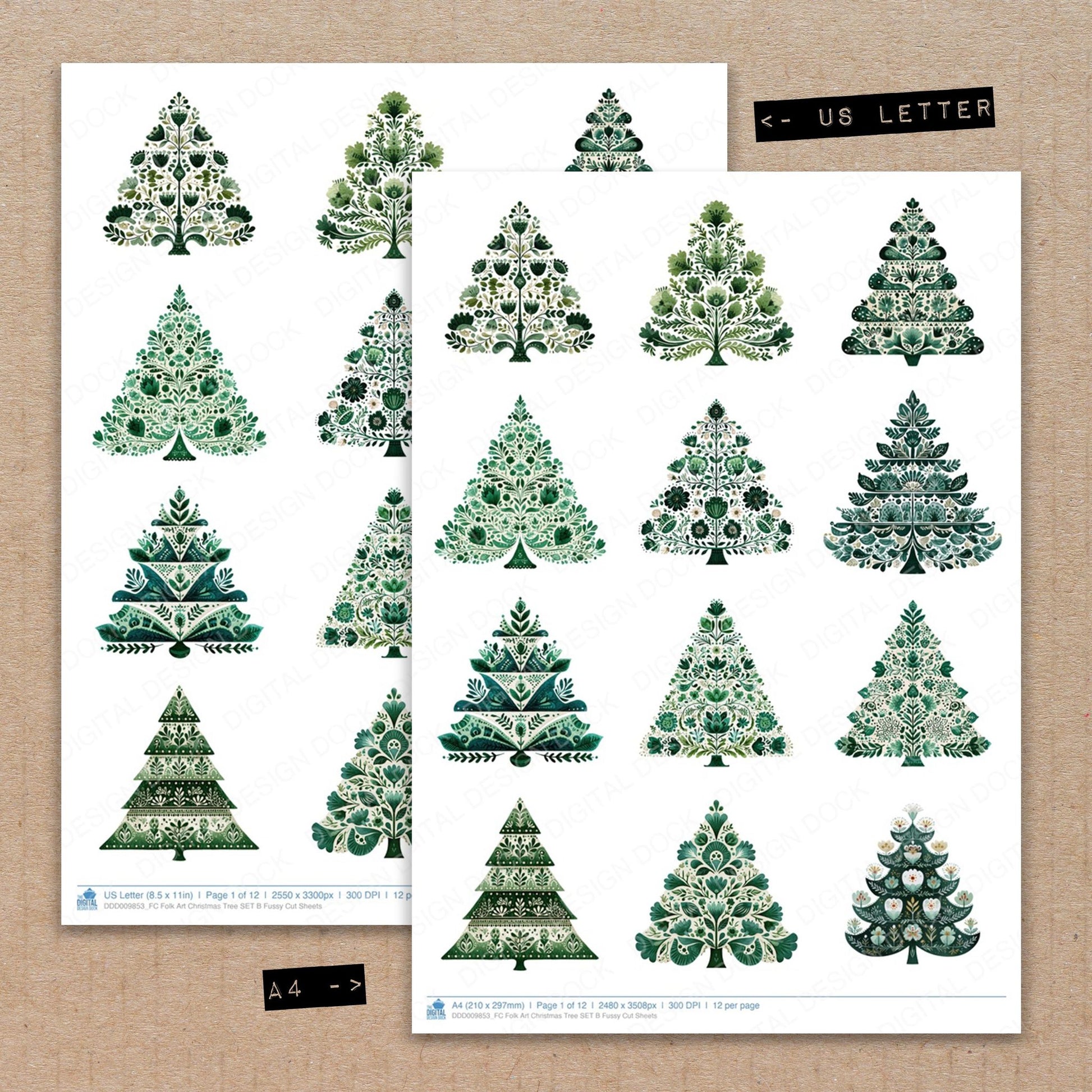 A4 and US Letter format comparison showing Folk Art Christmas Tree B fussy cut pages for print and cut crafting