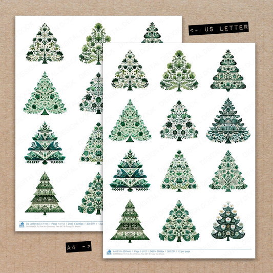 A4 and US Letter format comparison showing Folk Art Christmas Tree B fussy cut pages for print and cut crafting