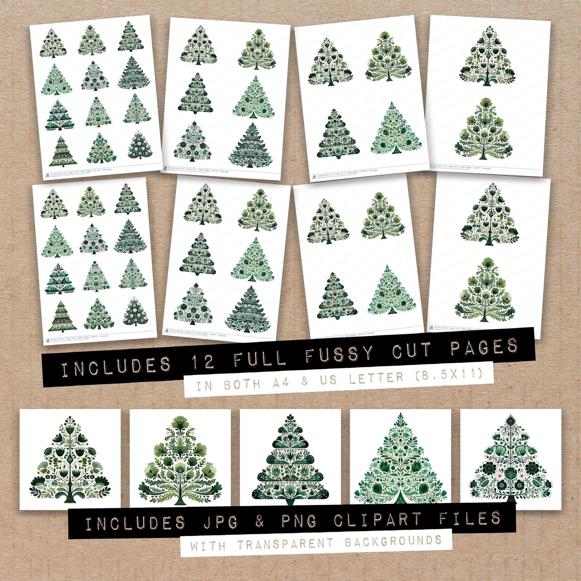 Full collection view of Folk Art Christmas Tree B fussy cut sheets with bonus clipart JPG and PNG files