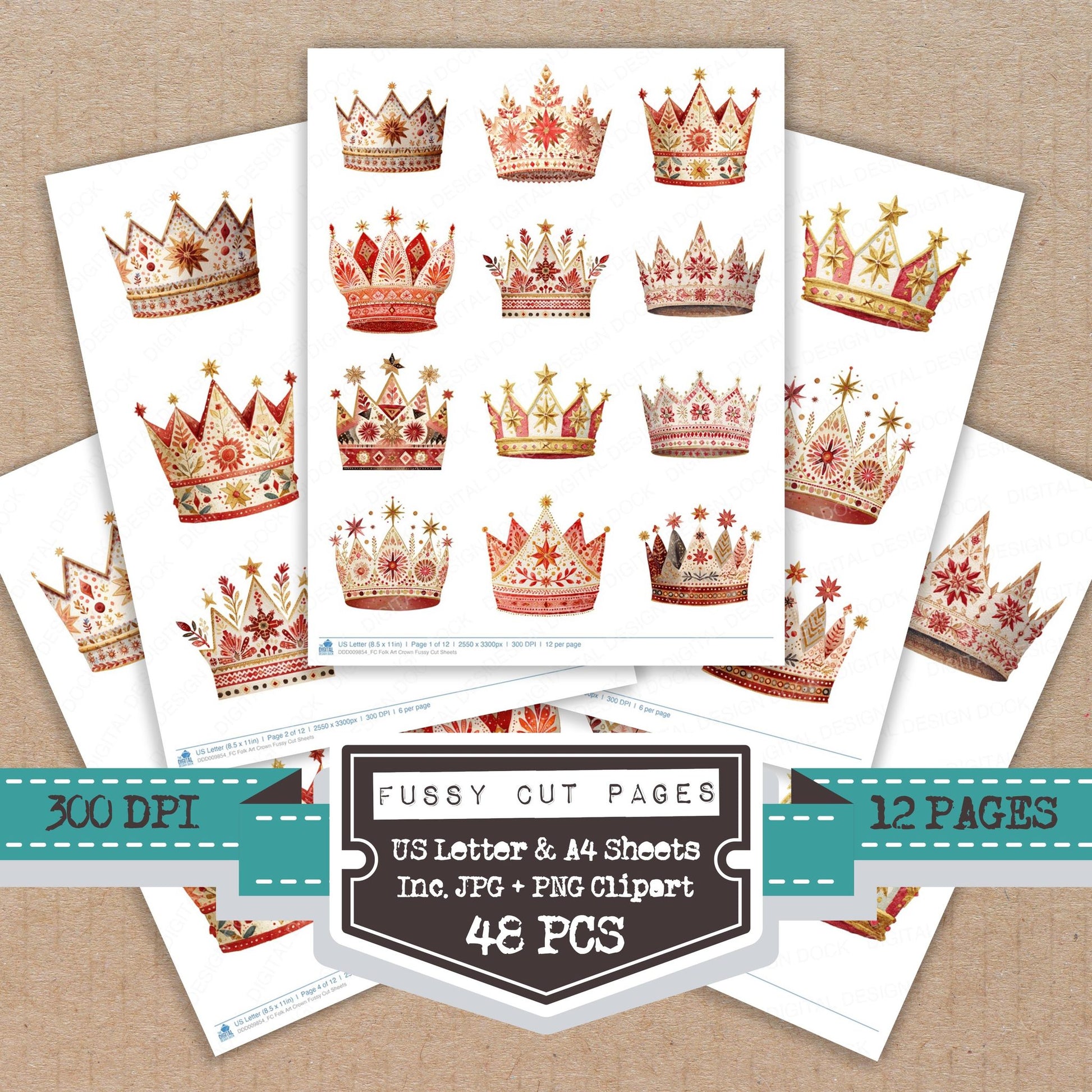 Folk Art Crown fussy cut printable sheets for junk journaling, scrapbooking, and paper craft projects