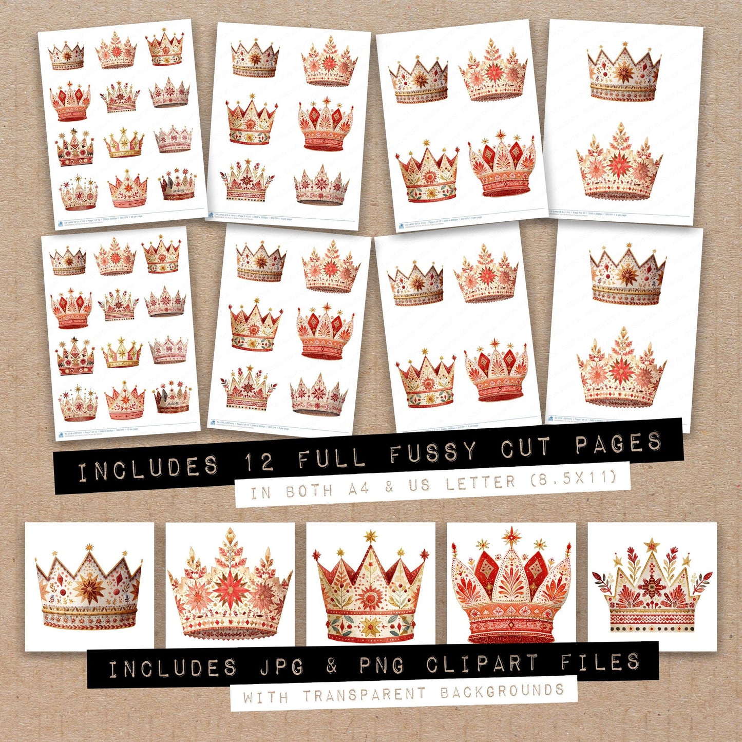 Full collection view of Folk Art Crown fussy cut sheets with bonus clipart JPG and PNG files