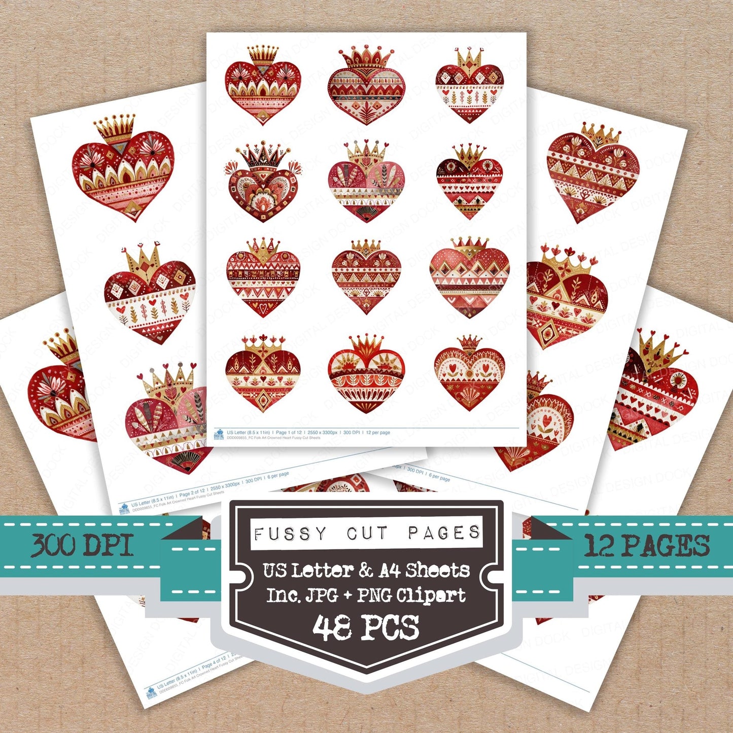 Folk Art Crowned Heart Fussy Cut Sheets (DDD009855)