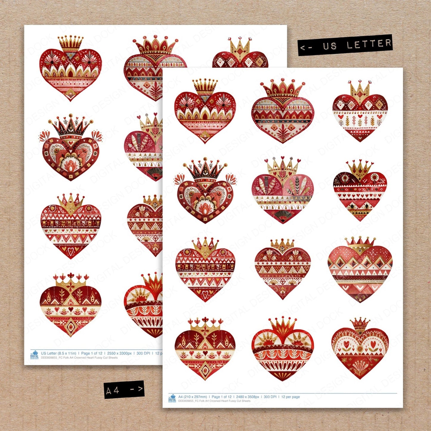 Folk Art Crowned Heart Fussy Cut Sheets (DDD009855)