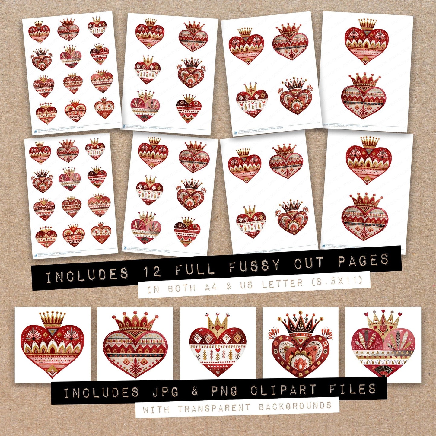 Folk Art Crowned Heart Fussy Cut Sheets (DDD009855)