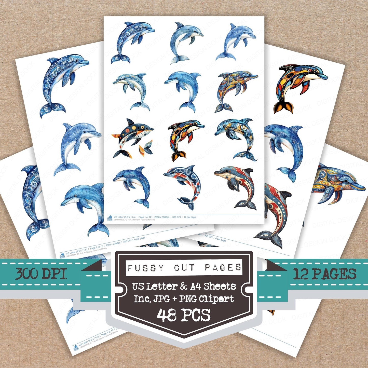 Folk Art Dolphin Fussy Cut Sheets (DDD009856)