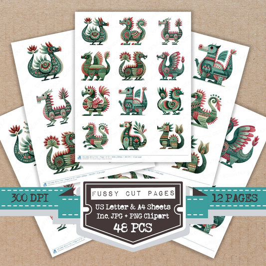 Folk Art Dragon fussy cut printable sheets for junk journaling, scrapbooking, and paper craft projects